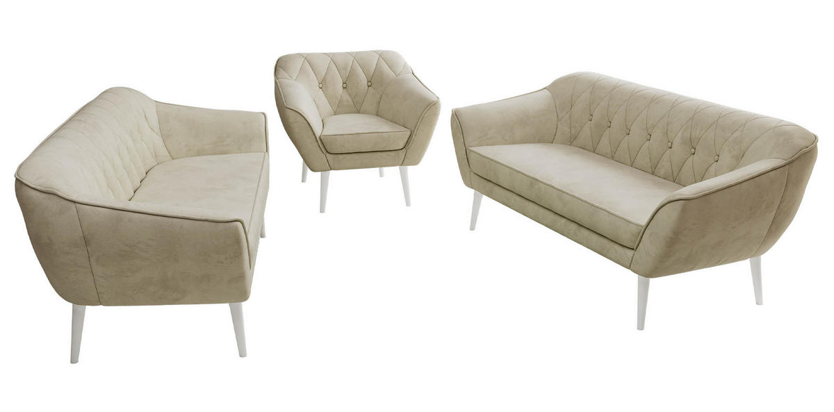 SITZGARNITUR PIRS 3+3+1 - Beige Velvet - Weiße Beine - Beige/Weiß, Holzwerkstoff/Textil (180/75/74cm) - MKS