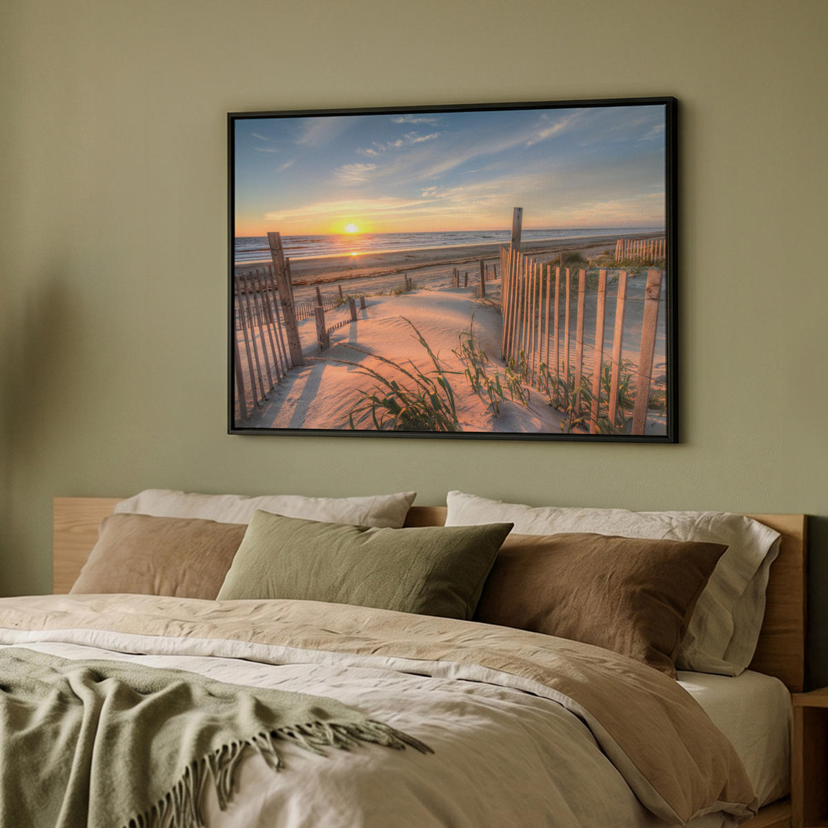 LEINWAND Bilder mit Rahmen - Strand - Meer - Düne - Sonnenuntergang - Landschaft - 100x70 - Beige, Textil (100/70cm) - MuchoWow