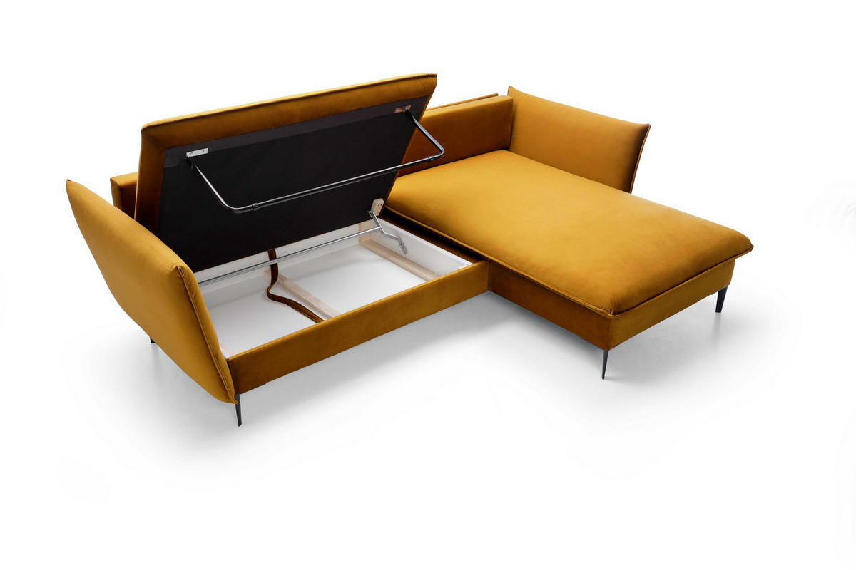 ECKSOFA SOLE Gelb Plüsch-Stoff mit Schlaffunktion - Gelb, Holz (258/167cm) - MASSENO