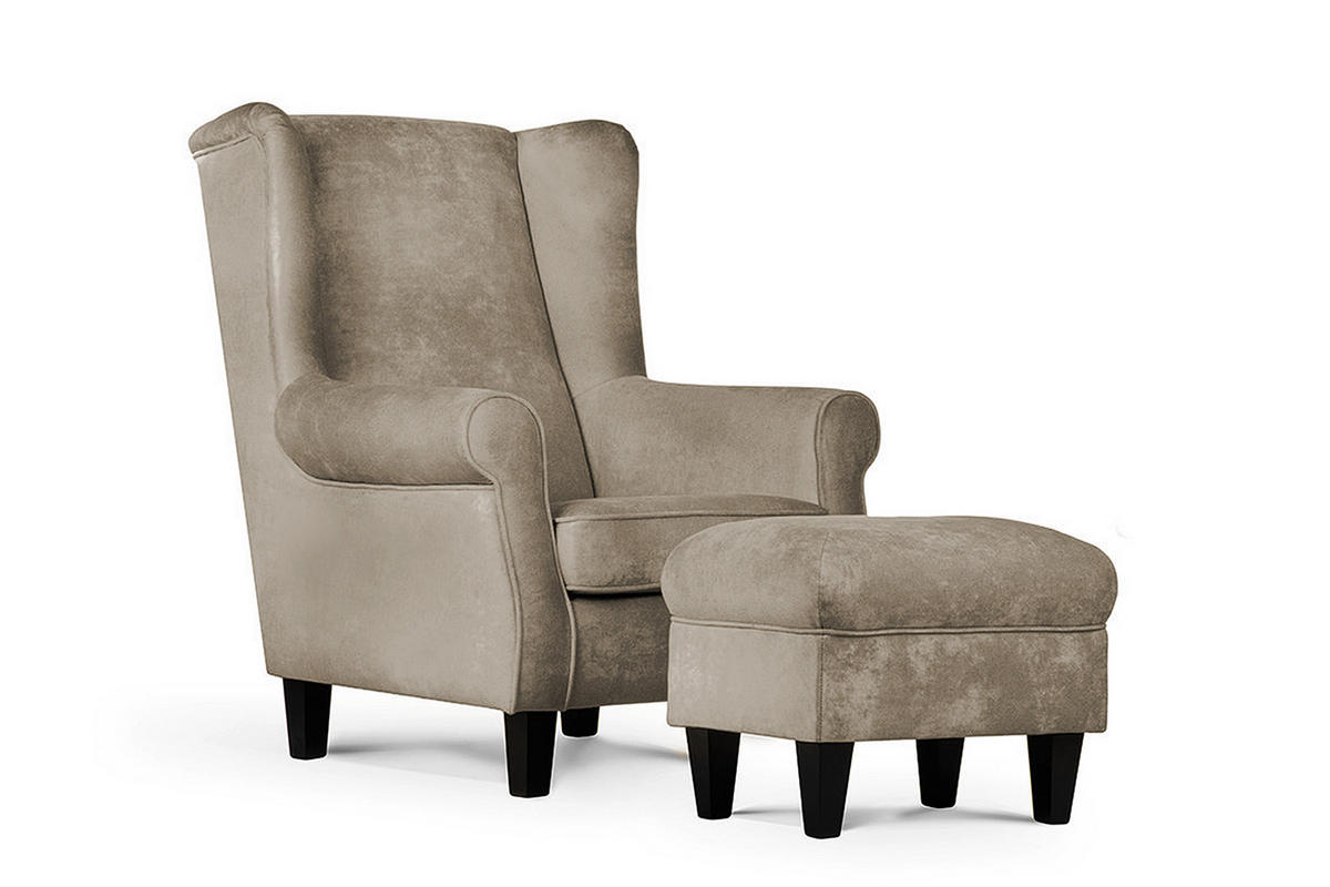 OHRENSESSEL-SET MILES inkl. Sitzhocker, beige - Beige, Holzwerkstoff/Buchenholz (82/105/97cm) - KONSIMO®