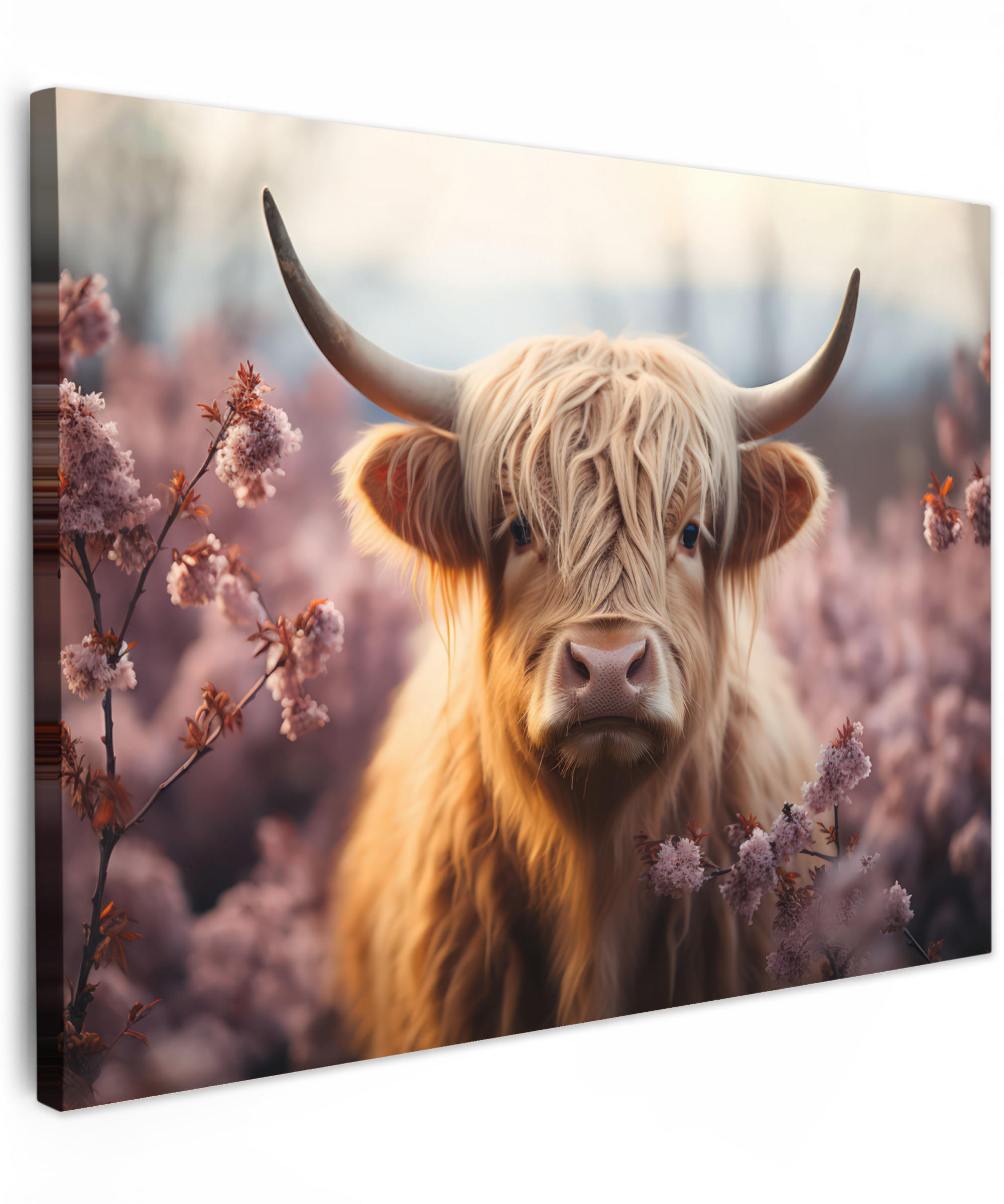 OBRAZ NA PLÁTNĚ Skotský horal - Jaro - Vysočina 80x60 cm - světle růžová, textil (80/60cm) - MuchoWow