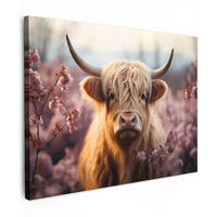 LEINWANDBILD - Schottischer Hochländer - Frühling - Hochland - 80x60 - Malerei - Hellrosa, Textil (80/60cm) - MuchoWow