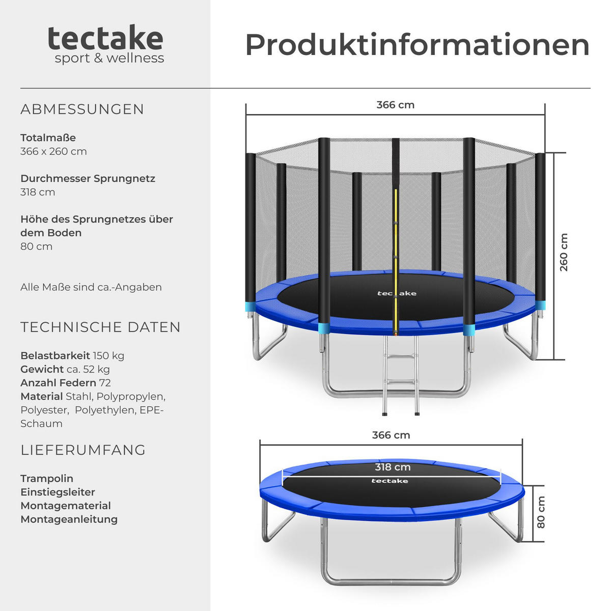 TRAMPOLIN Garfunky, inklusive Einstiegsleiter, schwarz/blau - Blau/Schwarz, Metall (366/260/366cm) - tectake