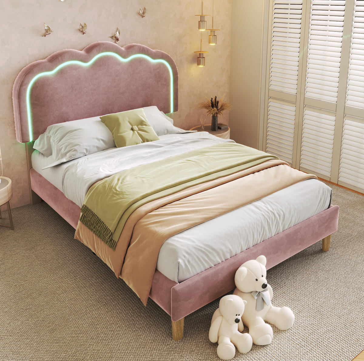 POLSTERBETT aus Samt 90x190 cm Rosa mit LED-Beleuchtung und verstellbarem Kopfteil - Rosa, Textil (90/200cm) - IVMEU