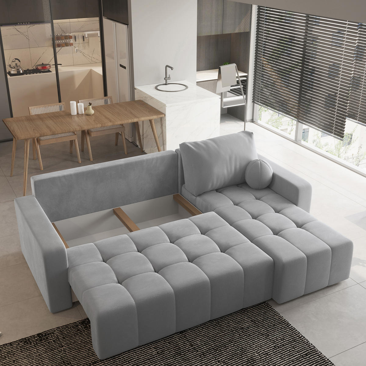 ECKSOFA VOLIRA Beige Plüsch-Stoff mit Schlaffunktion - Beige, Holz (230/143cm) - MASSENO