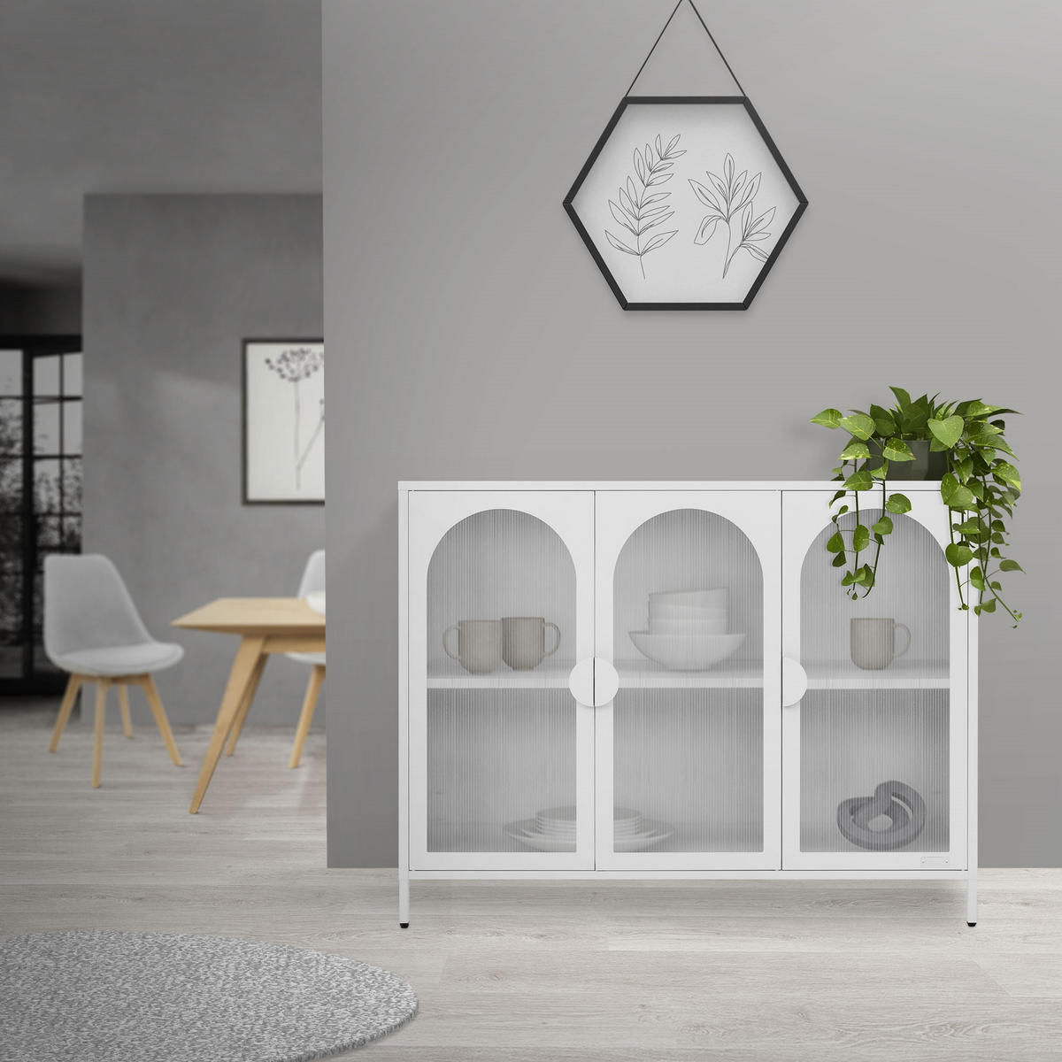 VITRINENSCHRANK aus Stahl 120x93x40 cm Weiß mit 3 Türen - Weiß, Metall (120/93/40cm) - ML-DESIGN