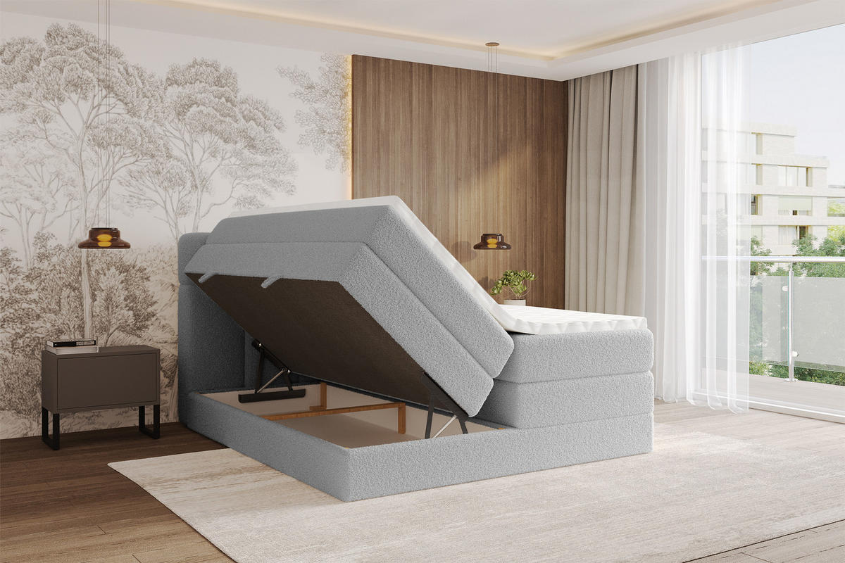 BOXBETT mit Matratze H3/H4 - FAMA KING - 160x200 cm Hellgrau Quelle - Hellgrau, Holzwerkstoff (160/200cm) - ALTDECOR