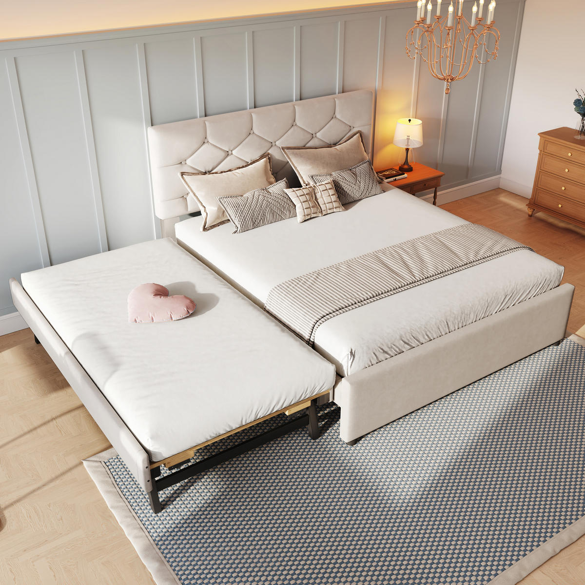 POLSTERBETT 140/200 cm in Beige mit Ausziehbett, Samt - Beige, Holzwerkstoff/Textil (140/200cm) - CHICFURN
