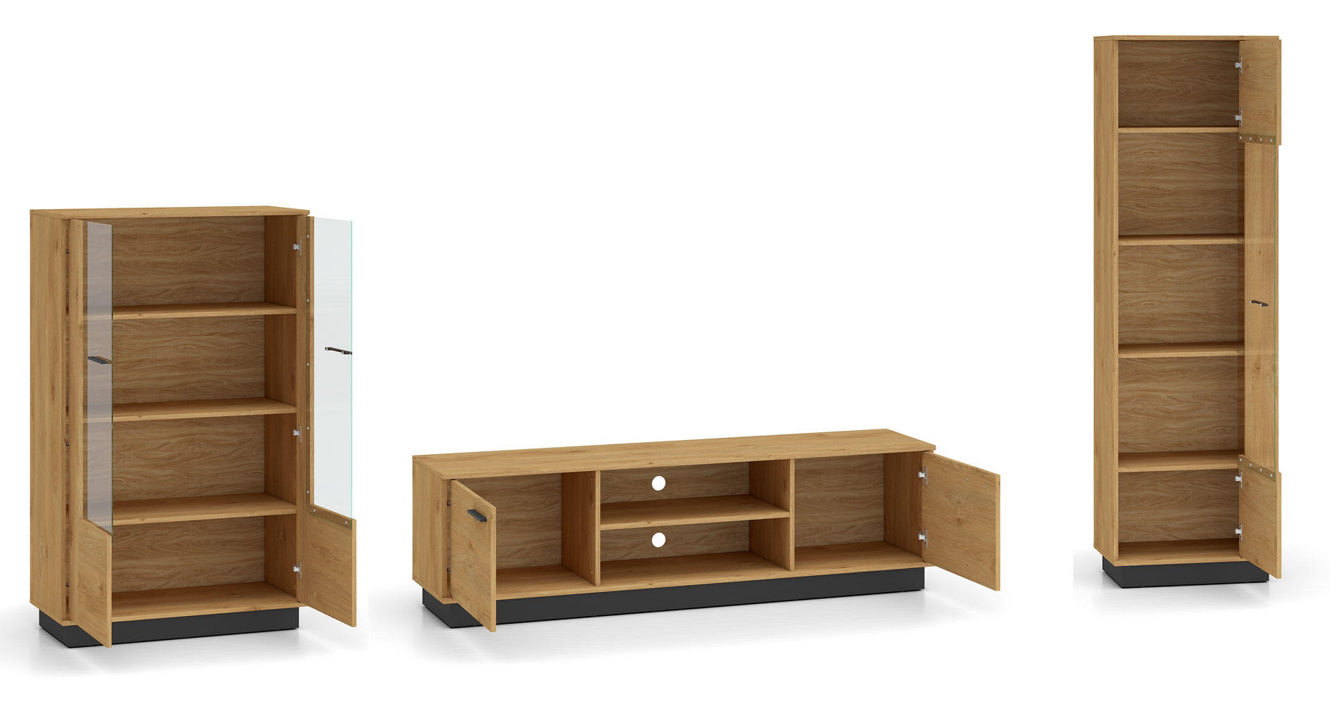 WOHNZIMMER-SET Modesto Eiche Style hell / schwarz 3-teilig - Hellbraun/Eichefarben, Holz/Holzwerkstoff (322/196/40cm) - Feldmann-Wohnen