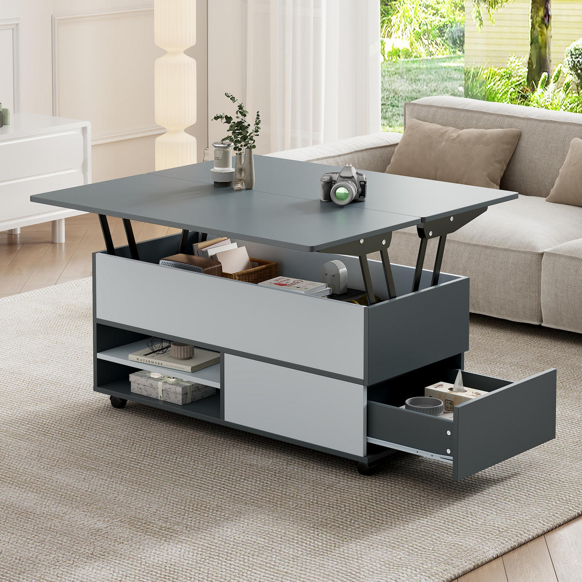 COUCHTISCH 100/98/65 cm grau-weiß aus Spanplatte mit höhenverstellbarer Tischplatte - Grau, Holzwerkstoff (100/98/65cm) - OKWISH