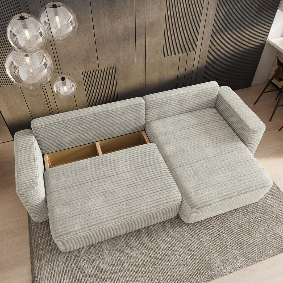 ECKSOFA TELIN Hellgrau Kordstoff mit Schlaffunktion - Hellgrau, Holz (280/162cm) - MASSENO