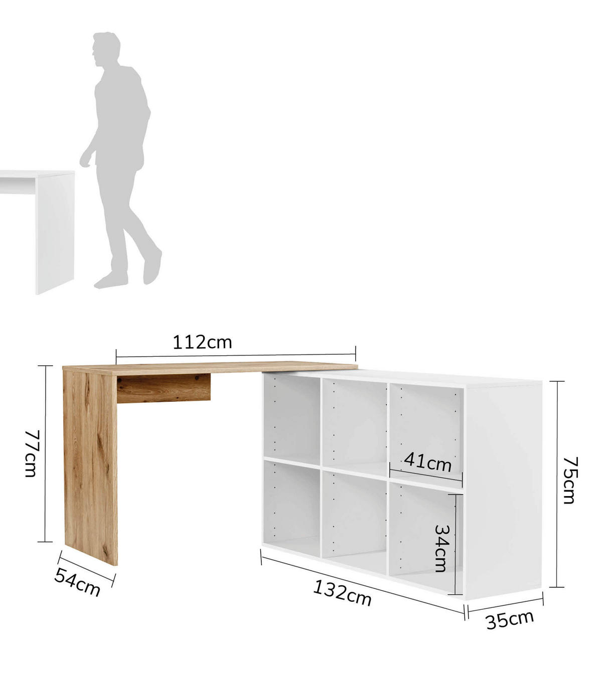 ECKSCHREIBTISCH Der Produktive - Eichefarben/Weiß, Holzwerkstoff (54/112/77cm) - Mokebo