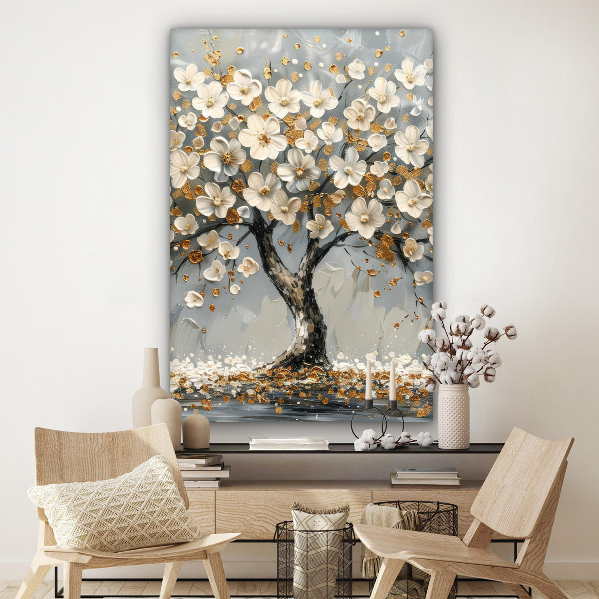 LEINWANDBILD Baum - Blumen - Weiß - Natur - Kunst Deko Groß 90x140 cm - Weiß, Textil (90/140cm) - MuchoWow