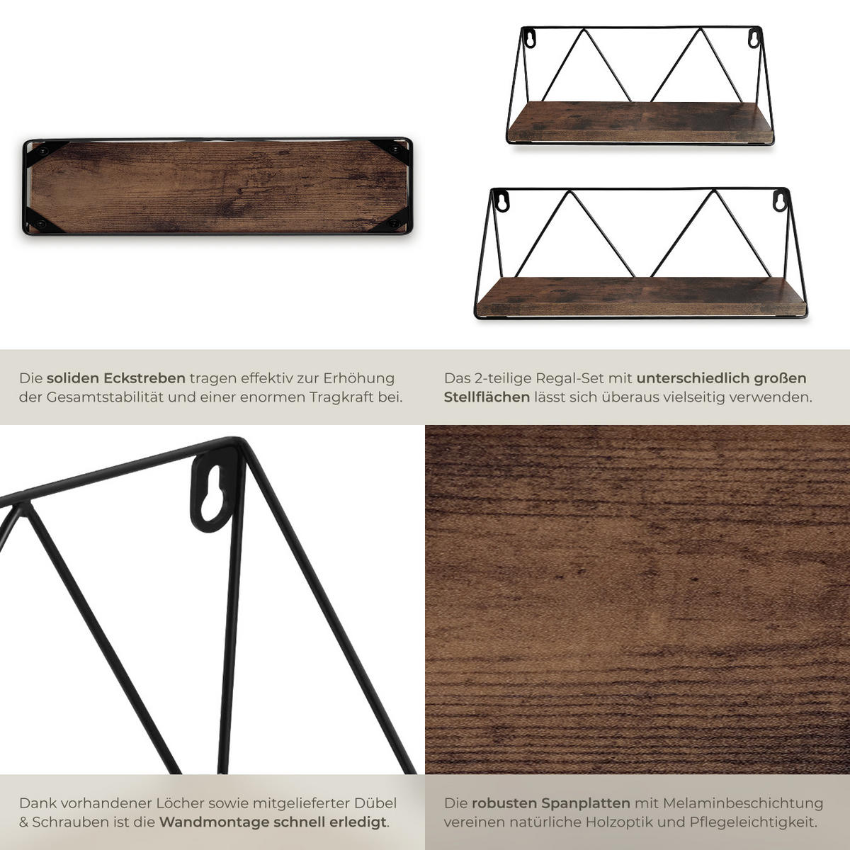 WANDREGAL 2er Set Rockport,Tiefe 13 cm,Industrial Holz dunkel,rustikal - Rostfarben, Holzwerkstoff (13/14.5/41cm) - tectake