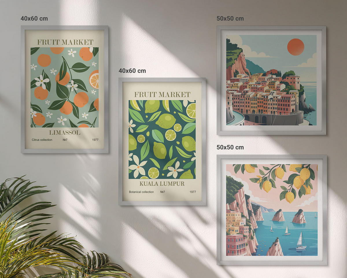 BILDER SET 4er Set - 50x50 cm & 40x60 cm Silberner Rahmen - Vintage-Poster mit Fruchtmustern - Silberfarben, Kunststoff (50/50cm) - TULUP