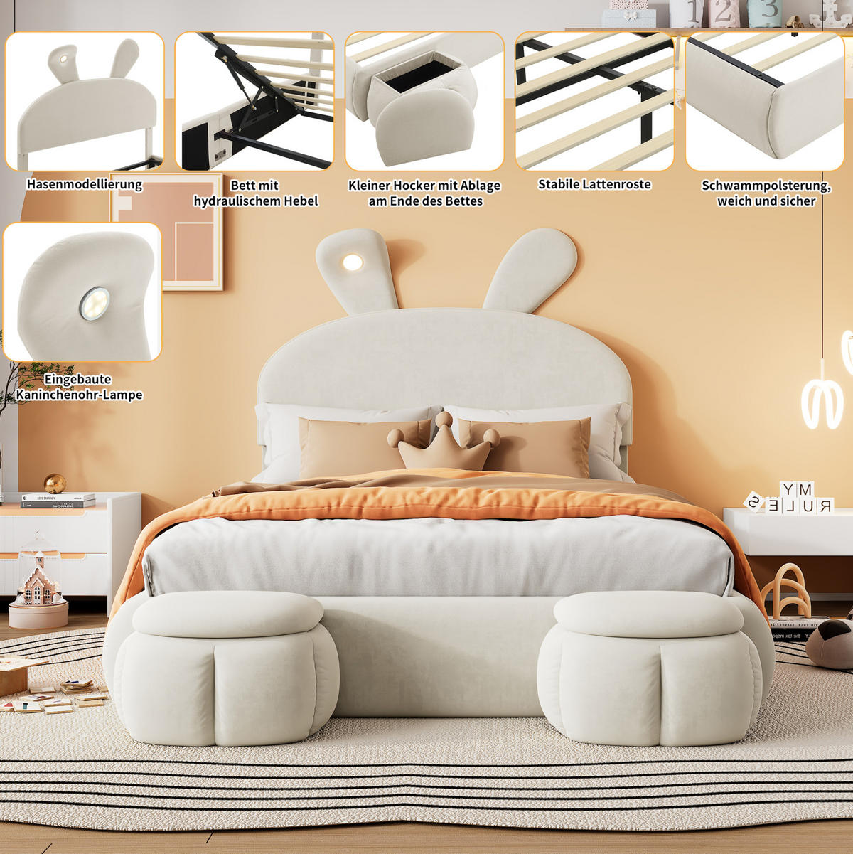 POLSTERBETT 140/200 cm aus Samt mit Stauraum und LED-Beleuchtung in Beige - Weiß, Textil (140/200cm) - Flora Grace