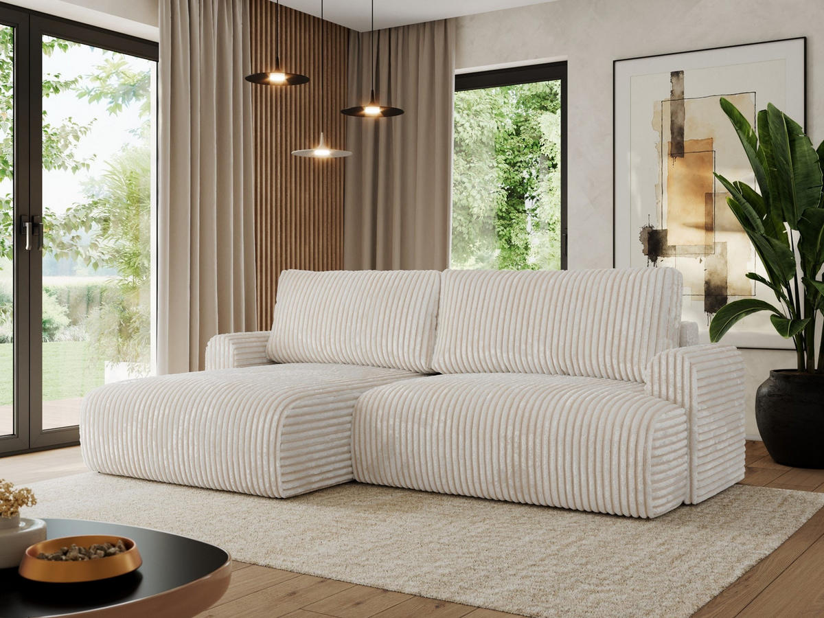 ECKSCHLAFSOFA TONO L Creme Cord - links - Creme/Schwarz, Kunststoff/Textil (260/150cm) - MKS