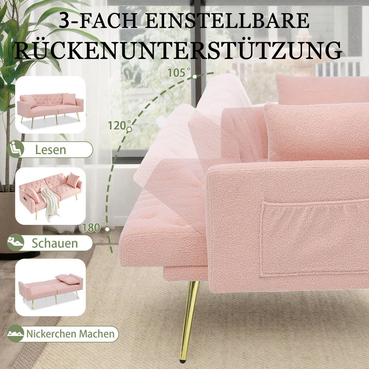 SCHLAFSOFA 177/78/74 cm in Pink Teddyfell mit Aufbewahrungstasche - Rosa, Textil (177/74/78cm) - Oxeza