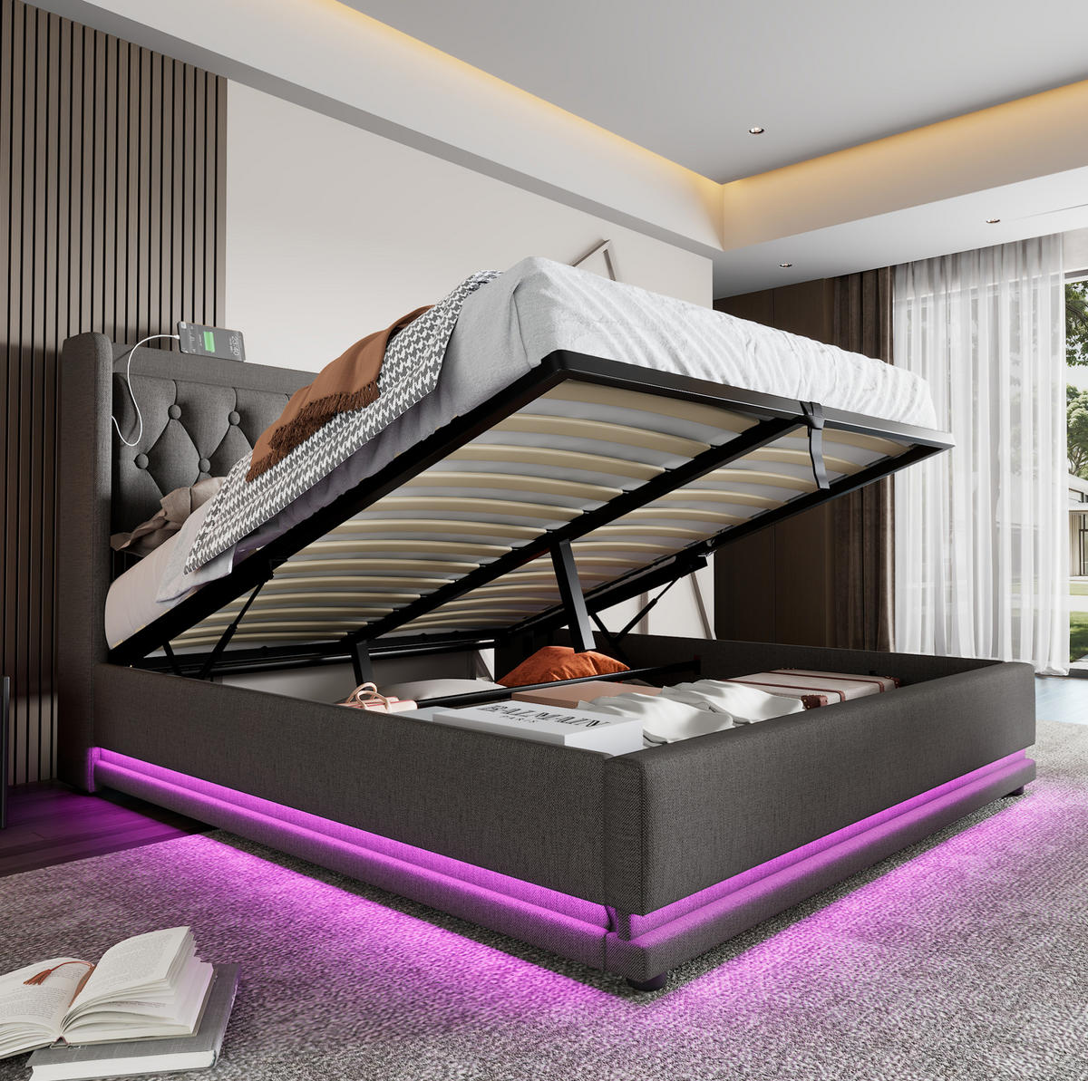 BETT mit Stauraum 140x200 cm Baumwolle Grau mit USB, Typ-C und LED - Grau, Metall (140/200cm) - Meubliv