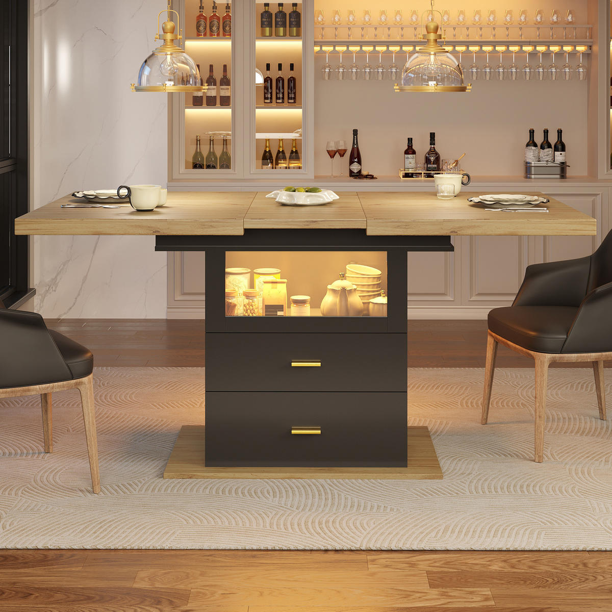 ESSTISCH 110/140/80 cm in Holzoptik mit 2 Schubladen und LED-Beleuchtung - Naturfarben, Holzwerkstoff (140/80/75cm) - Flora Grace