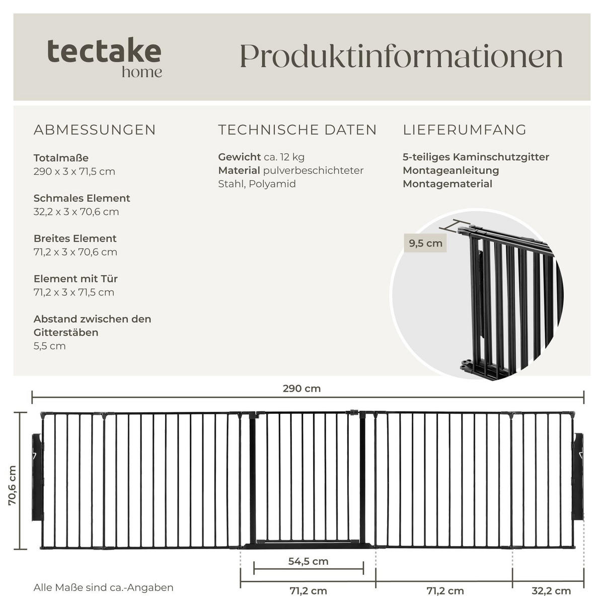 KAMINSCHUTZGITTER Agni, inklusive Wandhalterung, schwarz - Schwarz, Metall (3/71.5/289.3cm) - tectake