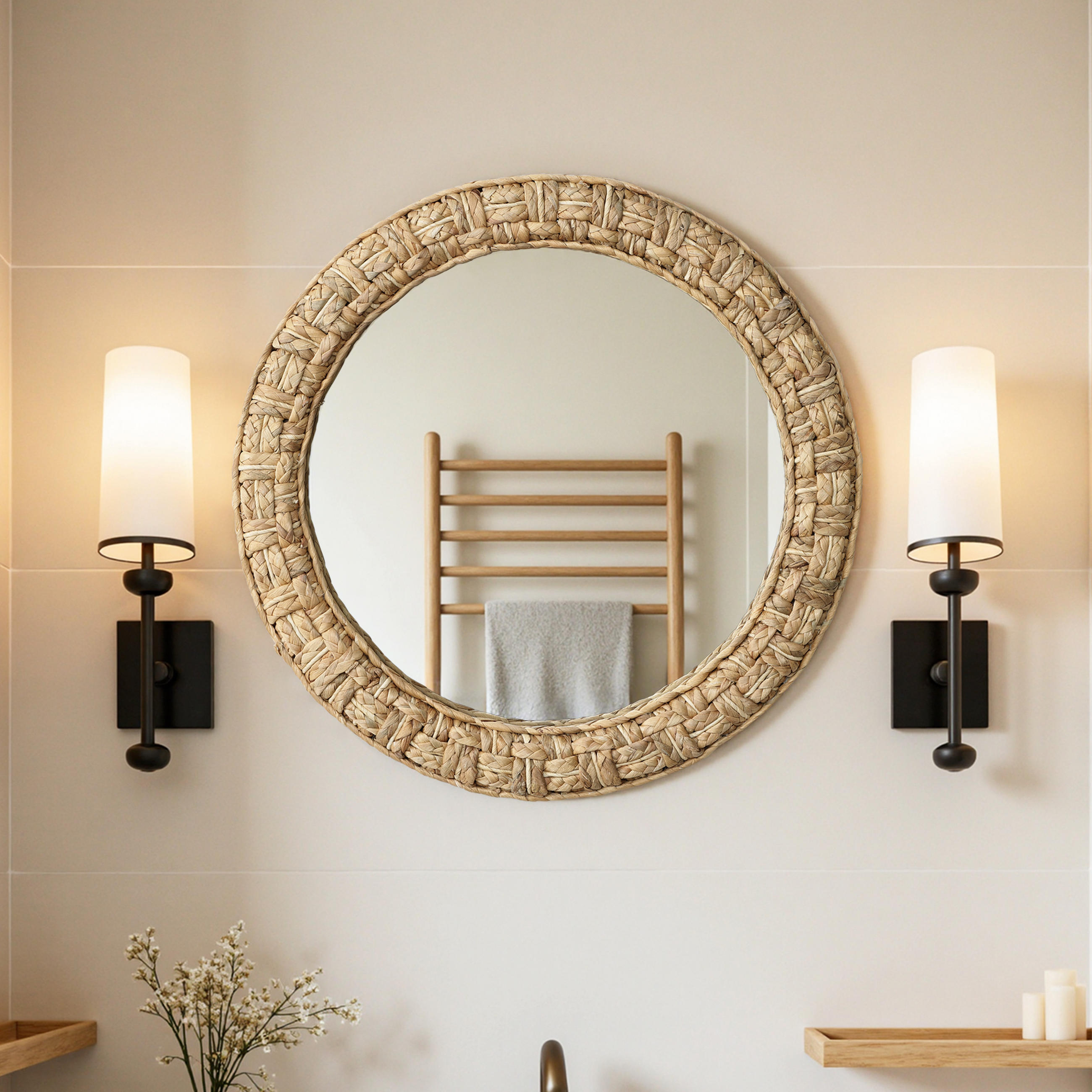RUNDER Wandspiegel 52cm H - Hellbraun/Beige, Glas/Holz (52/3.5/52cm) - Hometopia