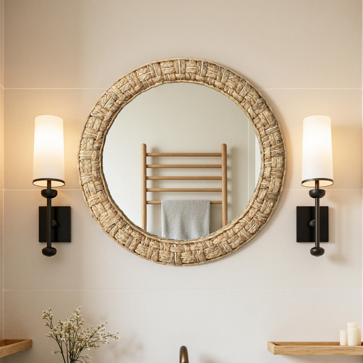 52CM H Runder Wandspiegel mit Rahmen aus geflochtener Wasserhyazinthe Geeignet für Badezimmer, Wohnzimmer und Schlafzimmer - Hellbraun/Beige, Glas/Holz (52/3.5/52cm) - Hometopia