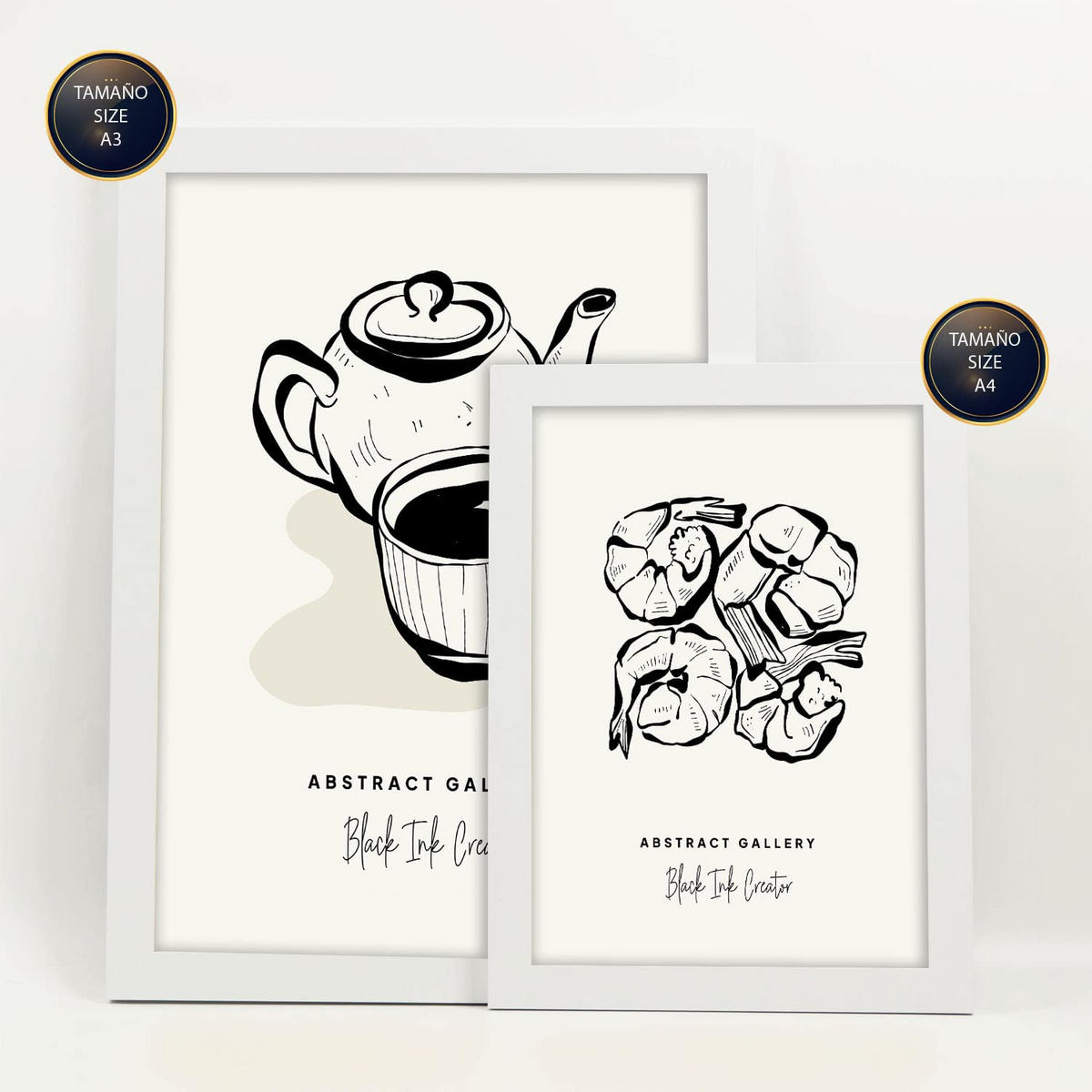 POSTER Set Mit 6 In Schwarzer Tinte Ruhetag Künstlerische Und Abstrakte Drucke Für Innenarchitektur A3 & A4 Weißer Rahmen - Weiß, Papier (29/3cm) - Nacnic