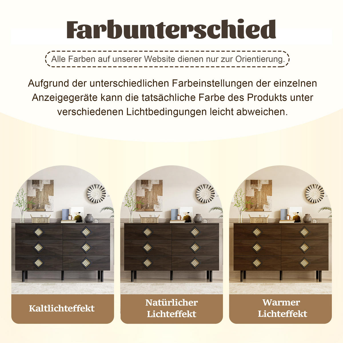 SIDEBOARD 6 Schubladen Rattan-Griff für Schlafzimmer & Wohnzimmer - Walnussfarben, Holzwerkstoff (40/74/120cm) - FLIEKS