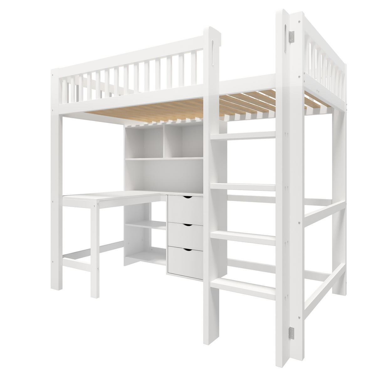 HOCHBETT mit Schreibtisch, 3 Schubladen, Weiß, 90/200 cm, ohne Matratze - Weiß, Holzwerkstoff (90/200cm) - MIVRAY