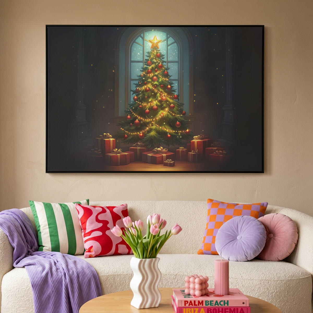 LEINWAND Bilder mit Rahmen - Weihnachtsbaum - Geschenk - Winter - 120x80 - Grün, Textil (120/80cm) - MuchoWow