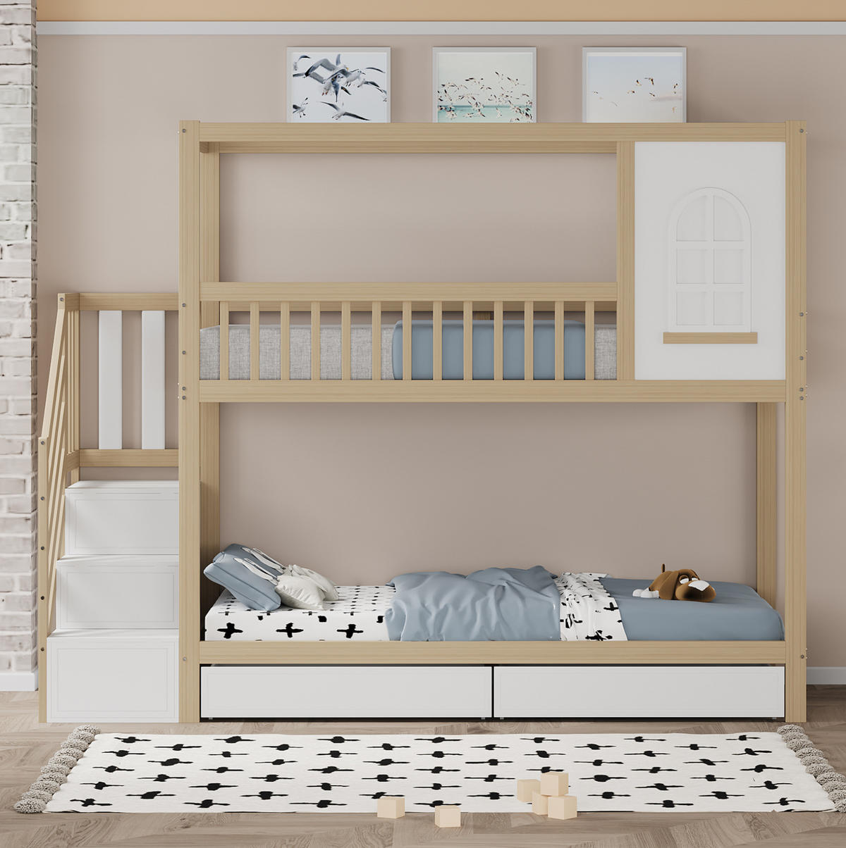 ETAGENBETT 90/200 cm Massivholz mit Leitereinheit und Stauraum - Naturfarben, Holz (90/200cm) - OKWISH
