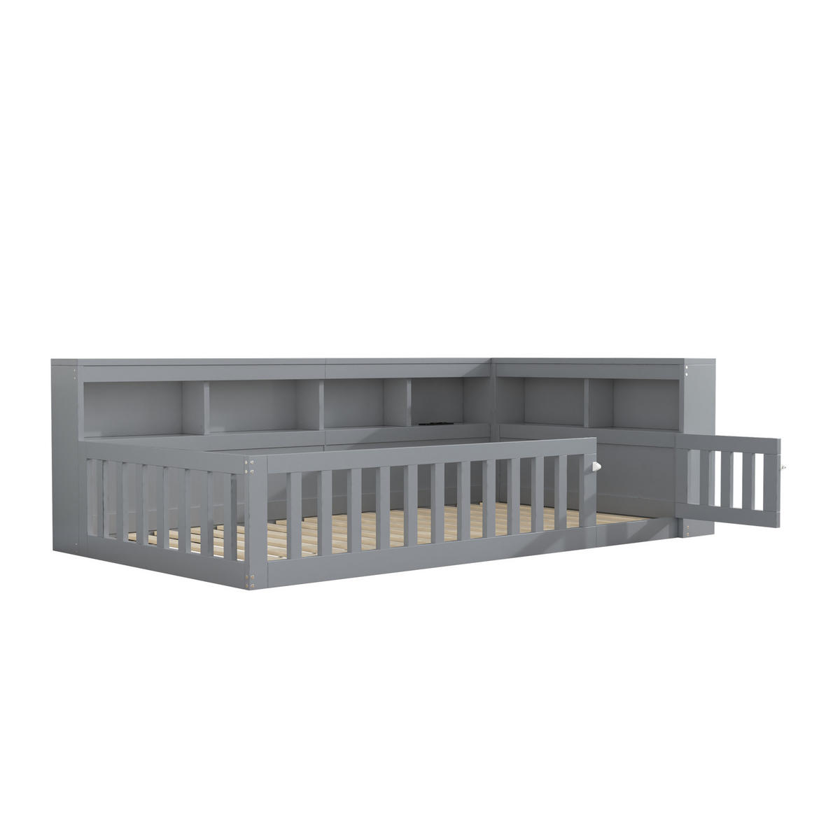 TAGESBETT 90/200 cm mit Steckdose, USB-Anschluss, Stauraum und ausziehbarem Geländer, Grau - Grau, Holzwerkstoff (90/200cm) - Redom