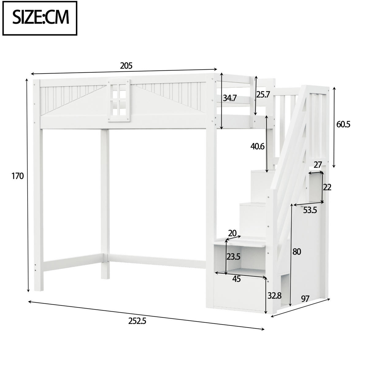 HOCHBETT mit Stauraum und Leiter 90x200 cm Massivholz Weiß - Weiß, Holzwerkstoff (90/200cm) - Beauniv