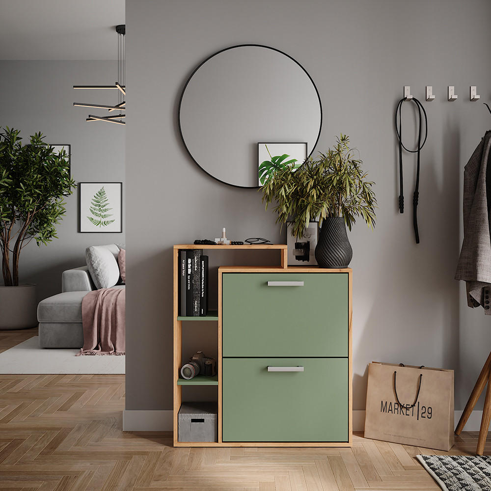 SCHUHKIPPER Orlando Goldkraft Eiche/Grün 80 x 90 cm - Eichefarben/Grün, Holzwerkstoff (80/90/24.2cm) - Vicco