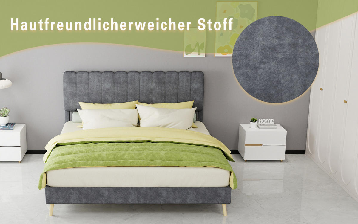 POLSTERBETT 160/200 cm mit hohem Kopfteil und Matratze, Samtoptik Metall/Holz, Grau - Grau, Textil (160/200cm) - Redom