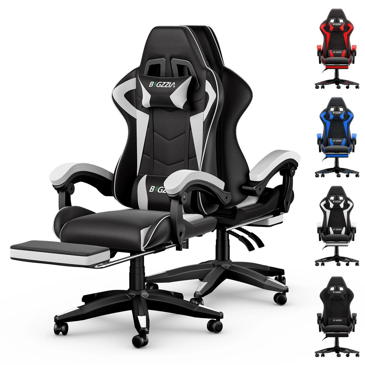 GAMINGSTUHL mit Fußstütze Ergonomisch Schwarz-Weiß - Schwarz/Weiß, Leder/Metall (50/134/50cm) - Kaket