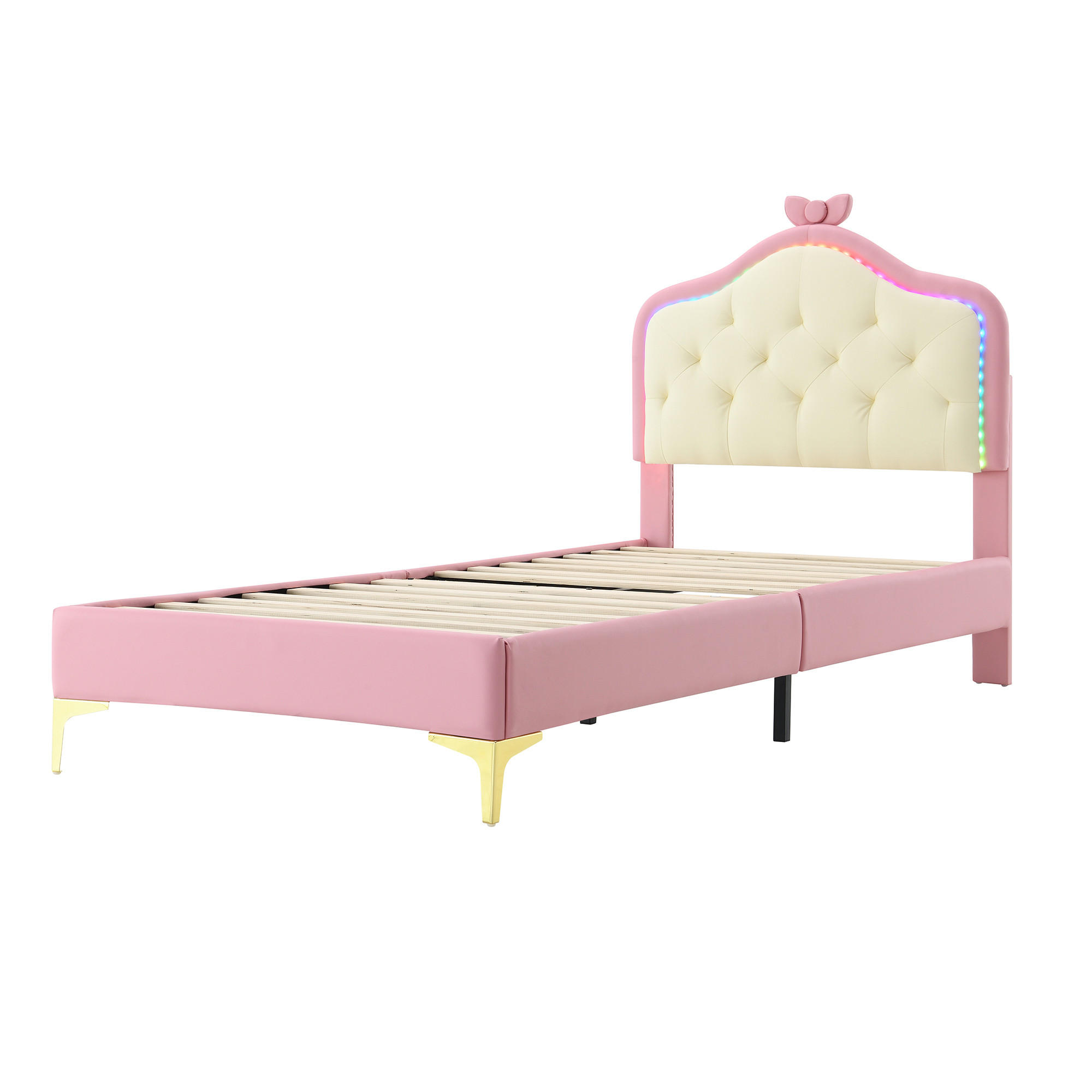 KINDERBETT 90/200 cm in Weiß & Rosa mit LED und Schleife - Goldfarben/Rosa, Holzwerkstoff/Textil (90/200cm) - STILVORA
