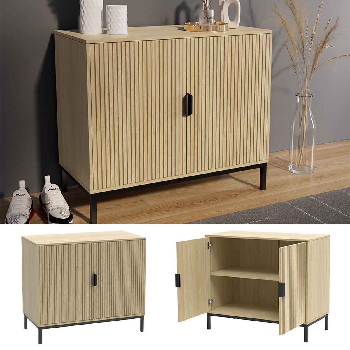 KOMMODE Lennox Eiche 80 x 45 cm mit 2 Türen - Eichefarben/Schwarz, Holzwerkstoff (80/45/50cm) - Vicco