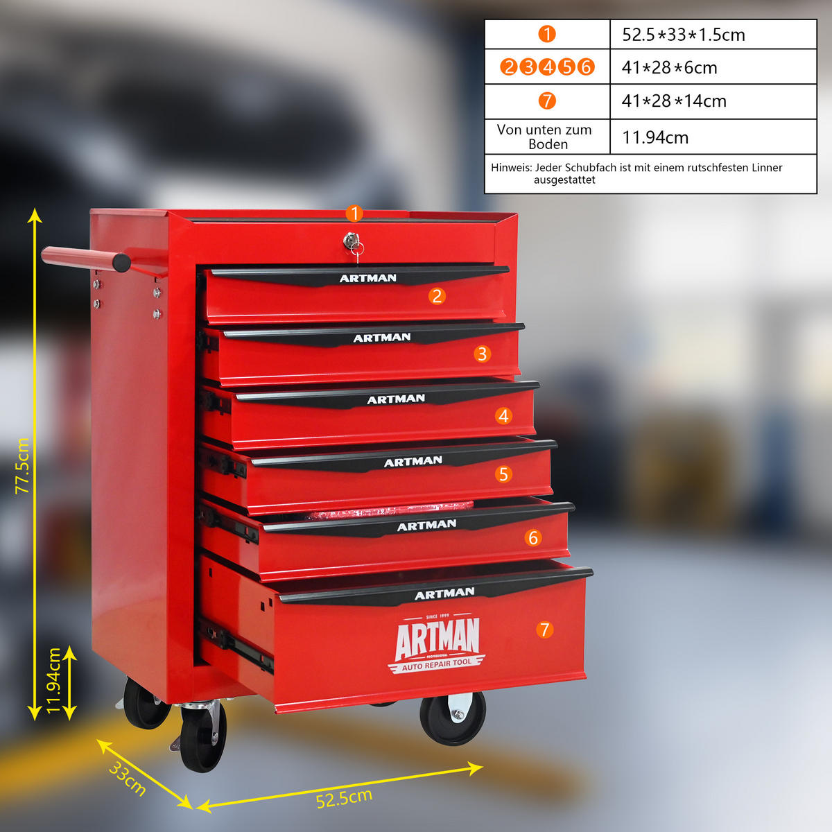 KOMBINATIONS-WERKZEUGKASTEN – 6 Schubladen, 508 mm (20 Zoll), mit 6 Schubladen, Farbgebung in Rot und Schwarz. - Multicolor, Metall (33/77.5/60cm) - DCA