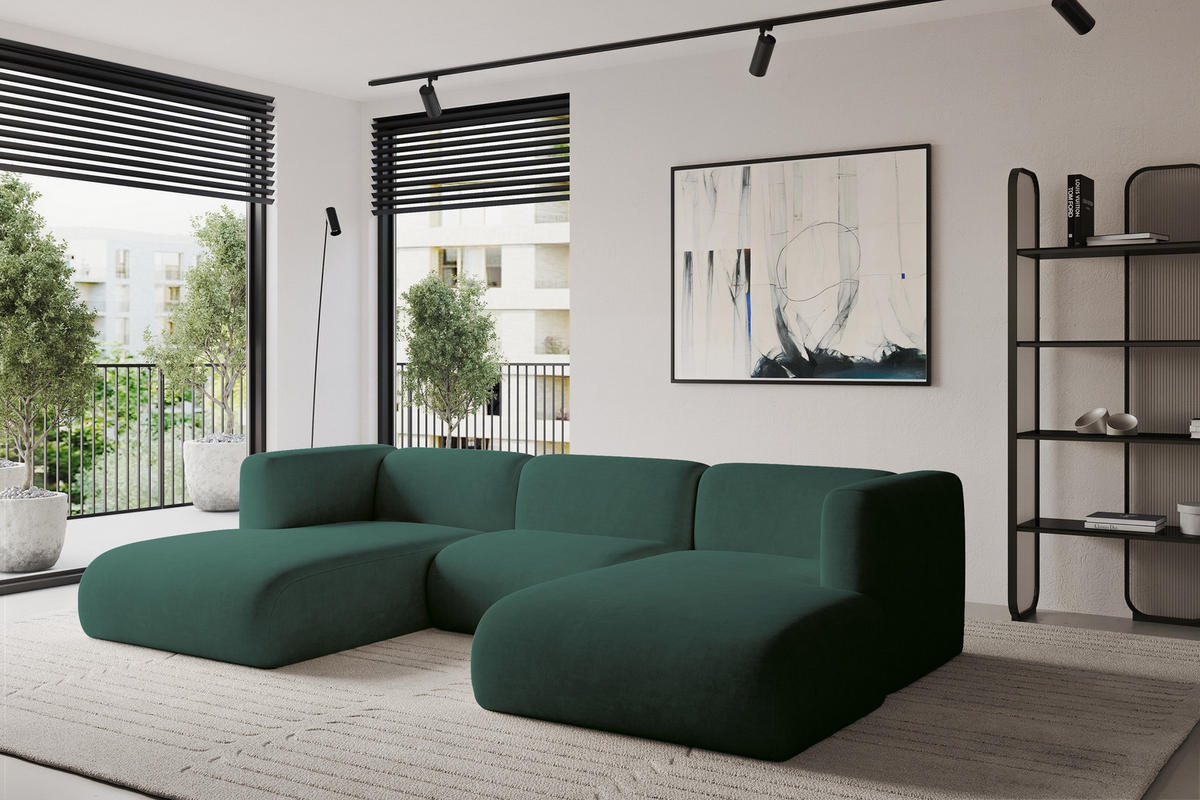 WOHNLANDSCHAFT MIRA-U1 317x179x70 Grün Velours - Dunkelgrün/Schwarz, Holzwerkstoff/Kunststoff (317/70/179cm) - ALTDECOR