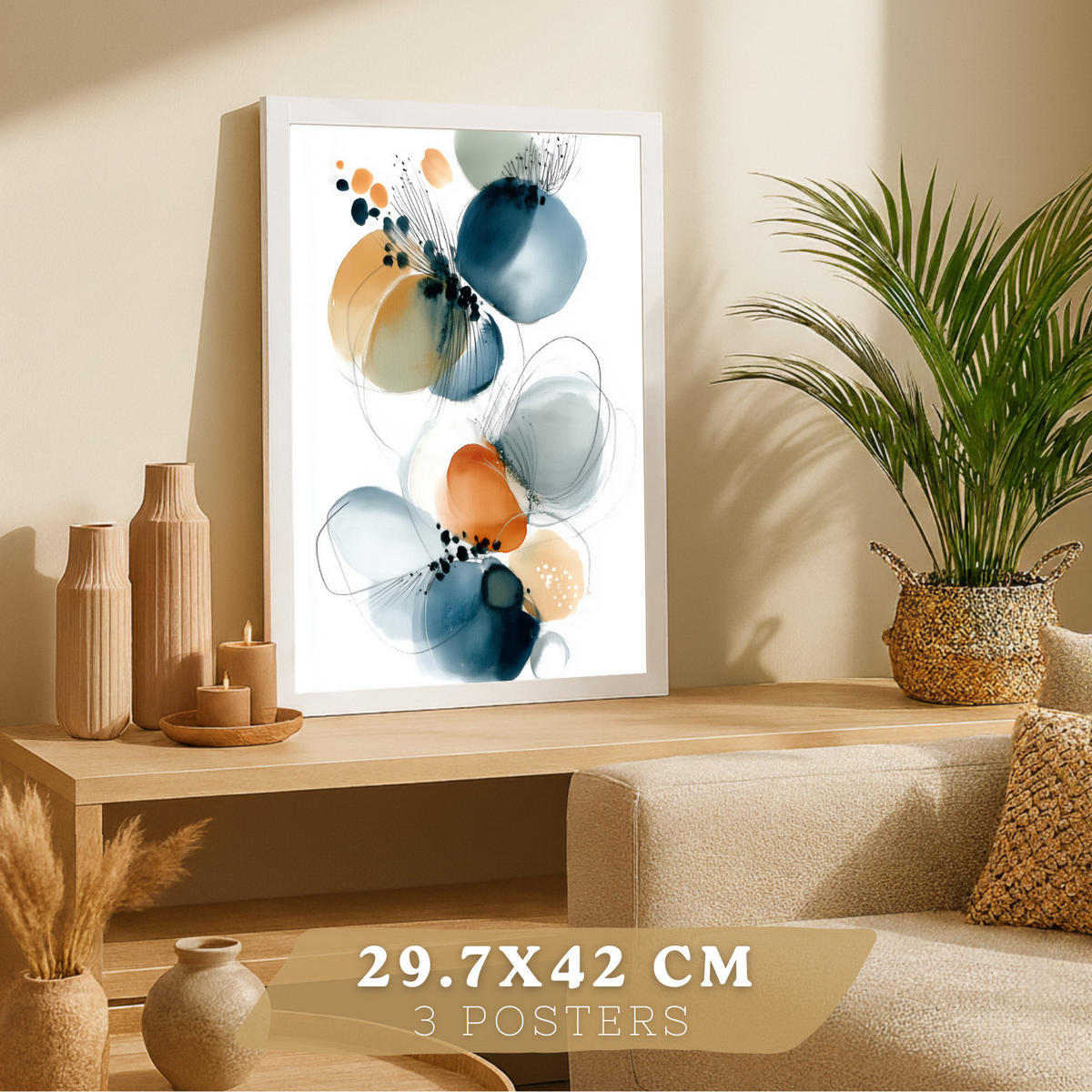 PLAKAT Sada 3 dekorativních nástěnných tisků Abstraktní akvarelové obrazy,oranžová. Moderní malby do obývacího pokoje. Velikost A3 Bílý rám - bílá, papír (29.7/42/3cm)