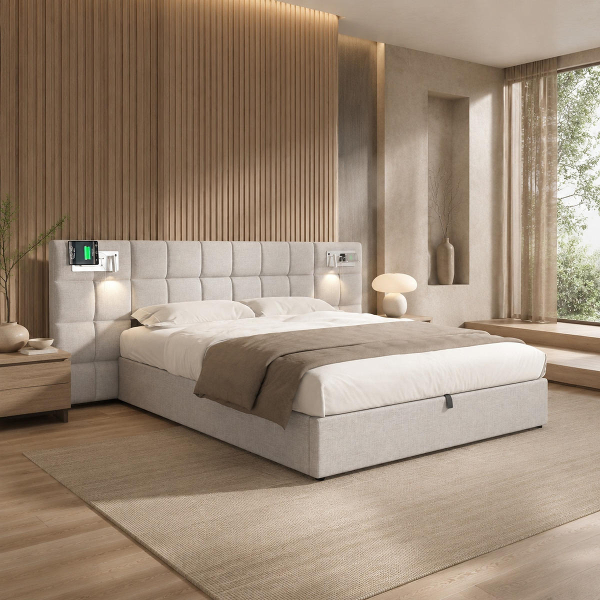 POLSTERBETT 180/200 mit Bettkasten, USB und Wireless Charging in Grau - Grau, Holzwerkstoff/Textil (180/200cm) - EVRYAE