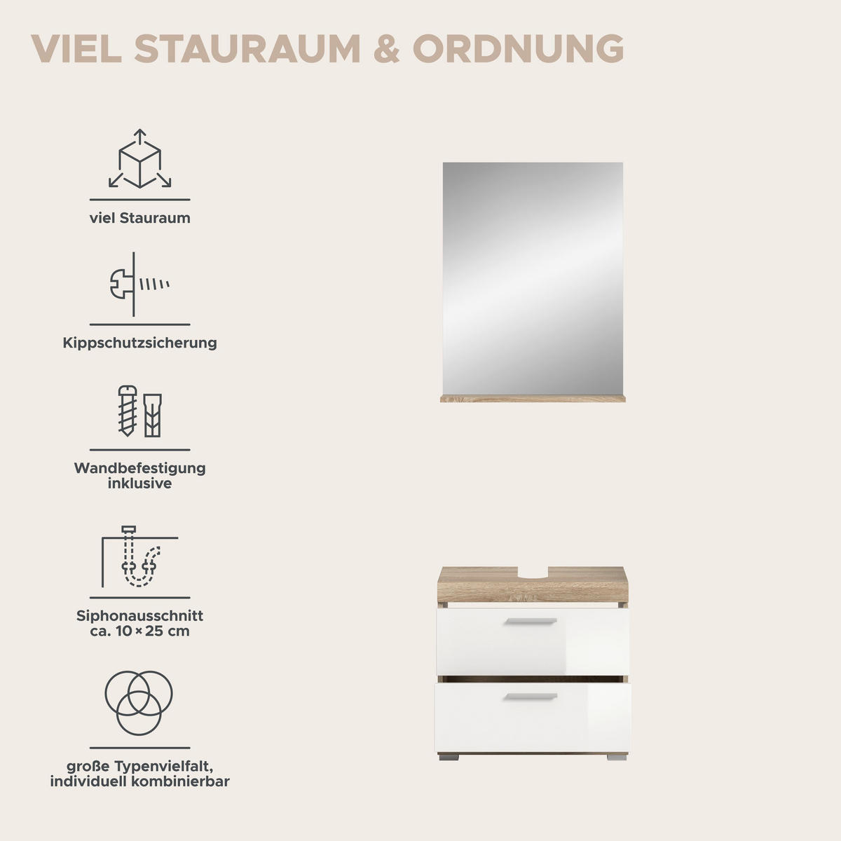 BADKOMBINATION 2tlg. Lambada Bad in Sonoma Eiche hell und weiß hochglanz B/H/T: 60x191x34 cm - Sonoma Eiche, Holz (60/191/37cm)