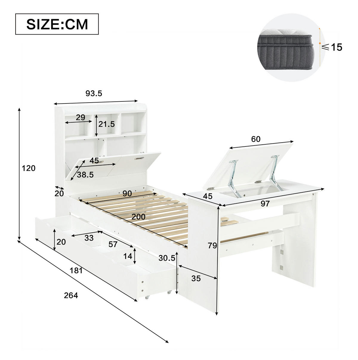 JUGENDBETT 90x200 cm in Weiß mit Schublade und klappbarem Tisch - Weiß, Holz (90/200cm) - IVMEU