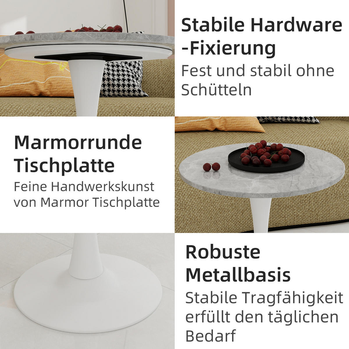 COUCHTISCH 70/70/72 cm Grau Weiß mit runder Kunstmarmorplatte im minimalistischen Design - Grau, Stein (70/70/72cm) - OKWISH