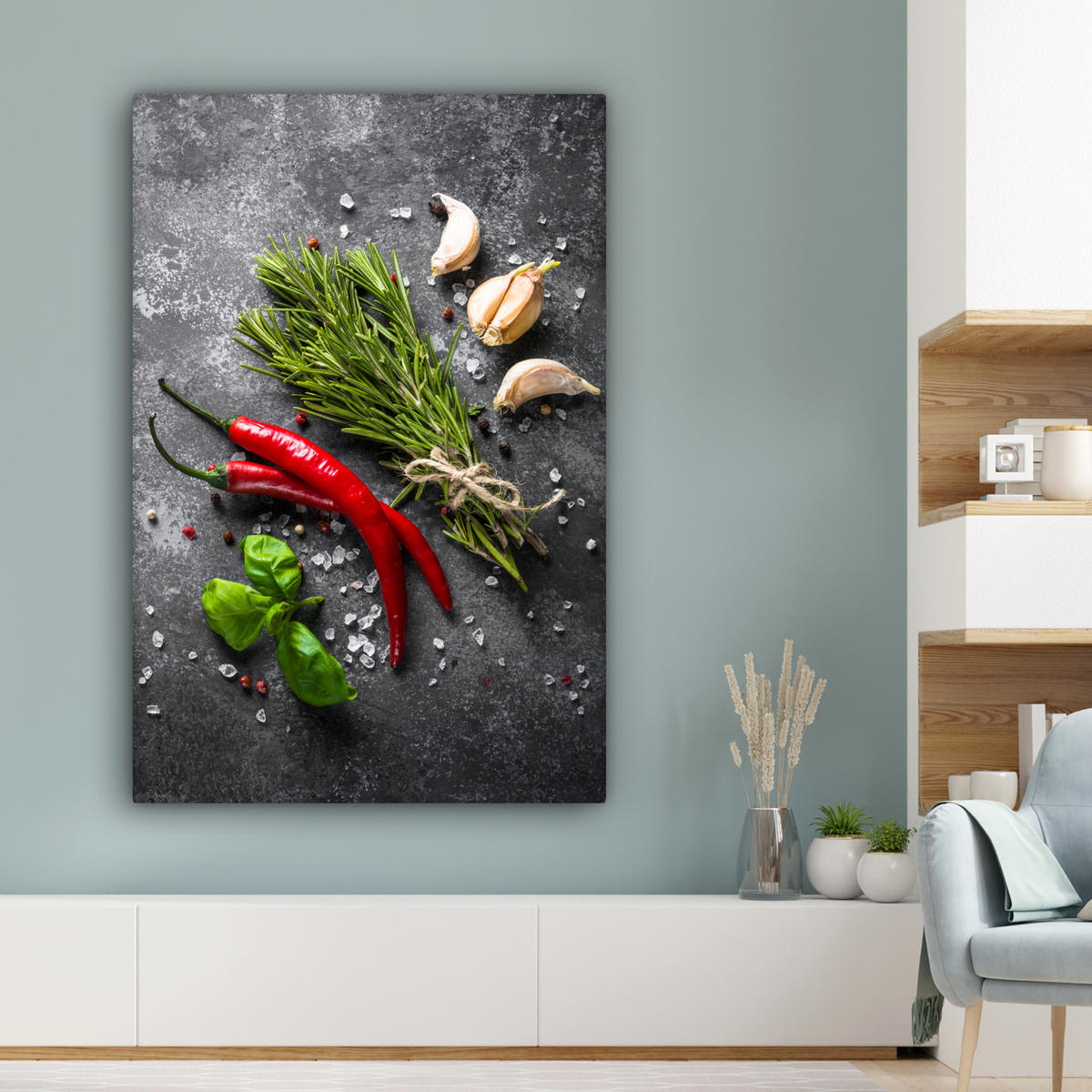 LEINWANDBILD Pfeffer - Kräuter - Gewürze - Beton 80x120 cm - Dunkelgrau, Textil (80/120cm) - MuchoWow