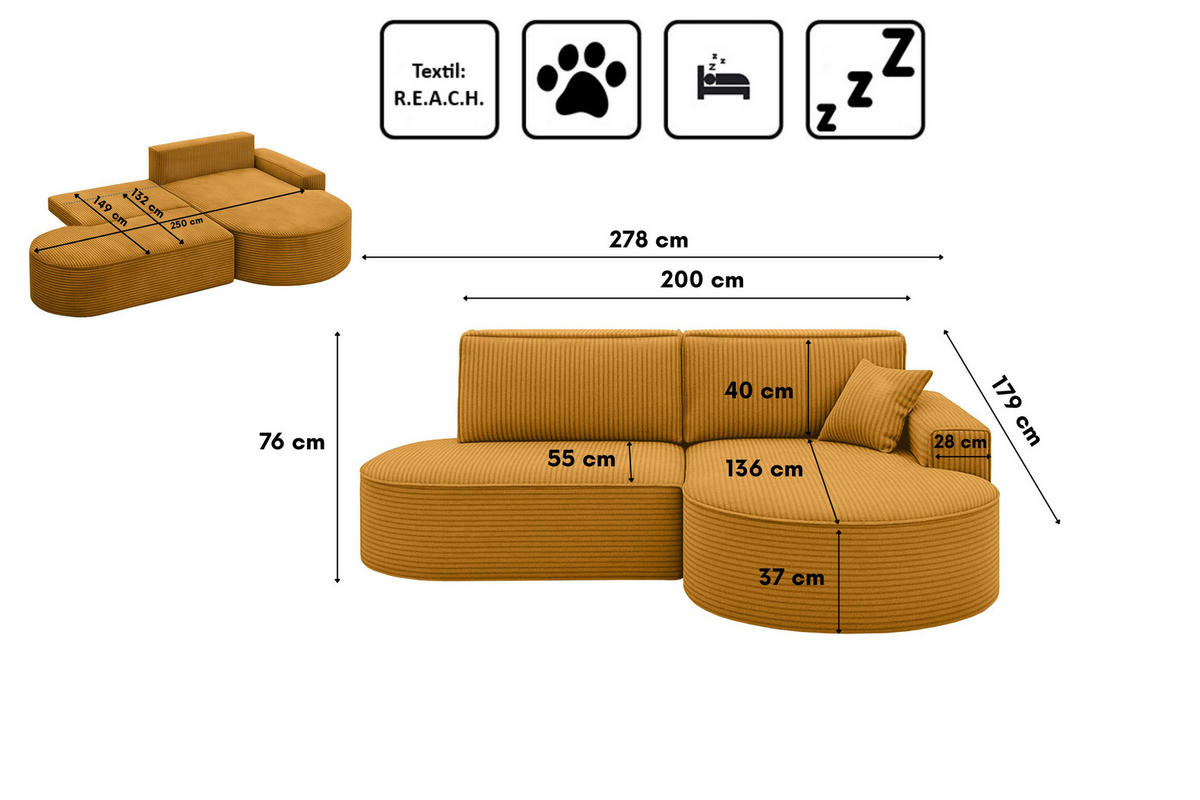 ECKSOFA Modena Pro - Komfort Und Stil Stoff Poso Senffarbe Rechts - Currygelb, Holz (278/179cm) - Kaiser Möbel