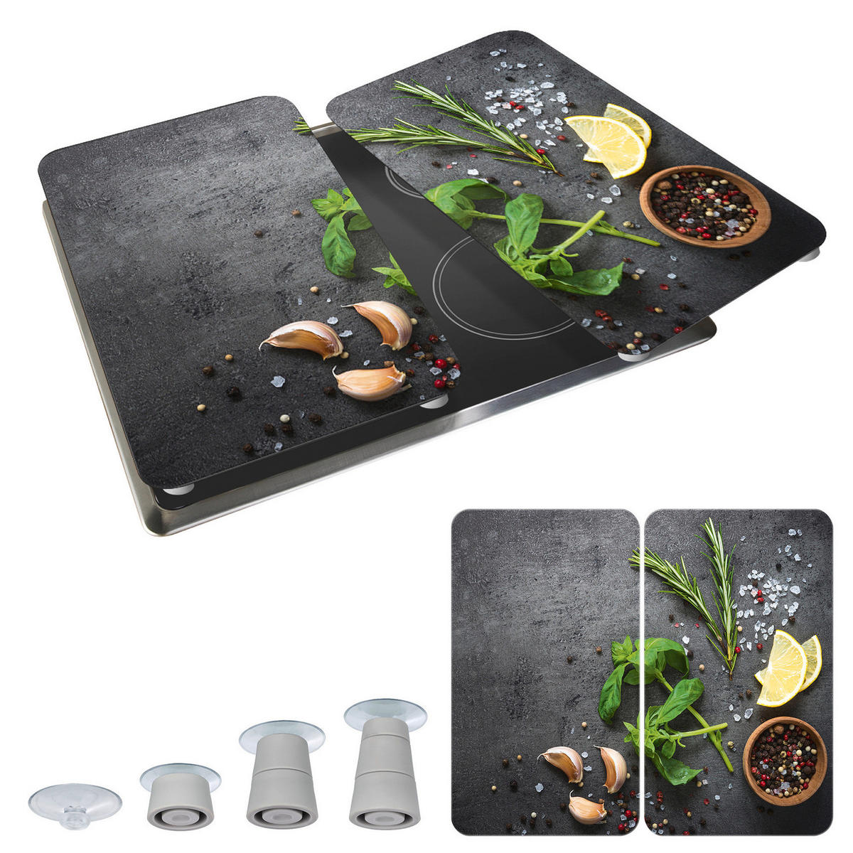 HERDABDECKPLATTEN 2er-Set Herbs - Schwarz, Glas (30/5.5/52cm) - Wenko