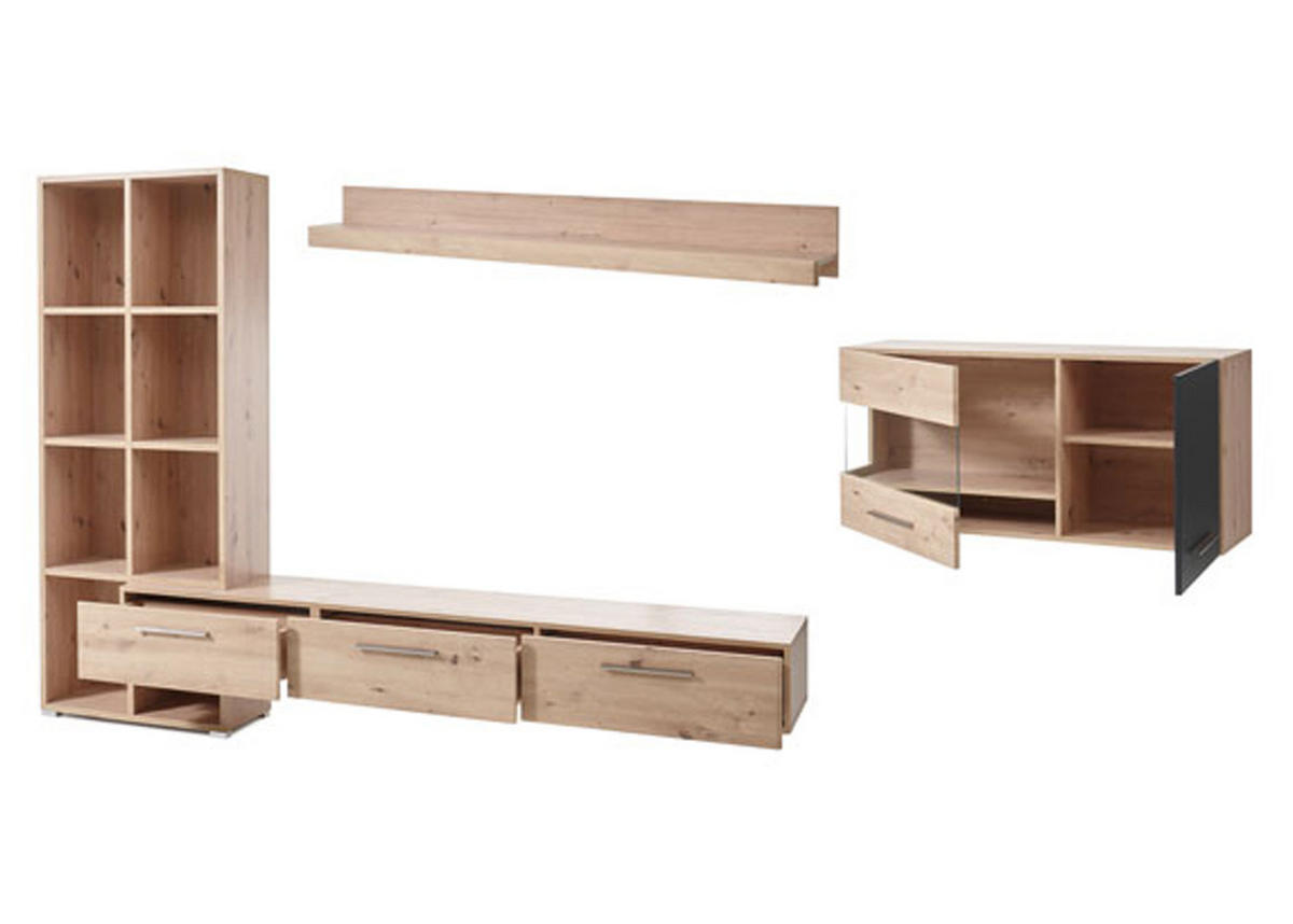 WOHNWAND Space Eiche Artisan / cosmos grey 3-teilig - Eichefarben/Multicolor, Holz/Holzwerkstoff (347/182/40cm) - Feldmann-Wohnen